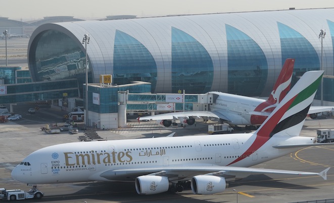 Emirates and Qantas aircraft at Dubai Airport. (Gerard Frawley)