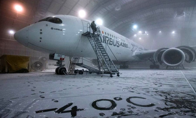 A350 MSN002 in the USAF's McKinley Climatic Laboratory in Florida. (Airbus)