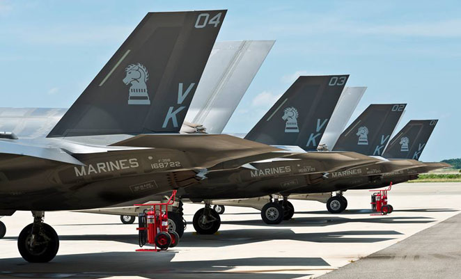 The four USMC F-35Bs (one spare) at NAS Patuxent River that were primed to deploy to the UK for the airshow. the deployment has now been cancelled due to fleet-wide flight restrictions. (NAS Pax River)