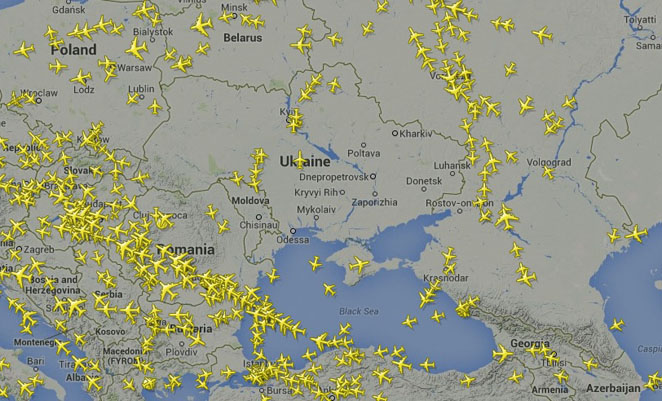 Flights continue to be diverted around eastern Ukrainian airspace in the wake of the apparent July 17 MH17 shoot down. (Flightradar24)
