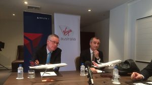 Delta Air Lines president Ed Bastien and Virgin Australia chief executive John Borghetti with reporters in Sydney. (Jordan Chong)
