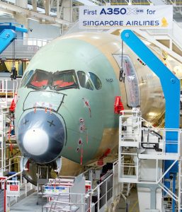 SIA's first A350-900 in final assembly. (Airbus)