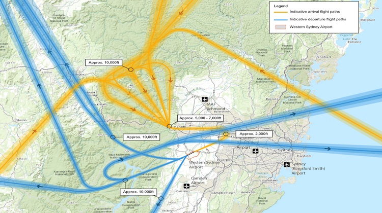 The indicative flight paths for departures and arrivals at Runway 05 at the proposed airport at Badgerys Creek. (Federal Government) 