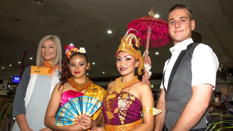 Tigerair Australia cabin crew and Balinese dancers at Melbourne Airport prior to the airline's inaugural flight to Bali. (Tigerair Australia)