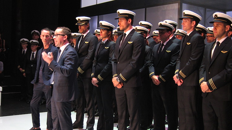 Qantas chief executive Alan Joyce and designer Martin Grant launch the new pilot uniforms. (Jordan Chong)