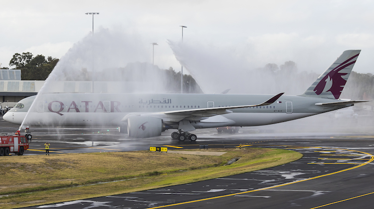 Qatar Airbus A350-900 A7-ALH receives an Airservices ARFF monitor cross after landing at Adelaide Airport. (Seth Jaworski)
