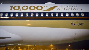 The special 10,000th aircraft delivery logo on A350-900 MSN 54 9V-SMF. (Airbus)