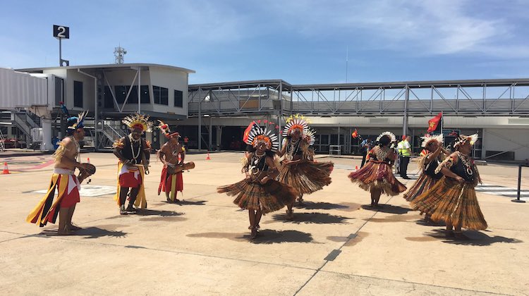 Townsville Airport greeted Air Niugini's inaugural flight with a welcome on the tarmac. (Townsville Airport/Facebook)
