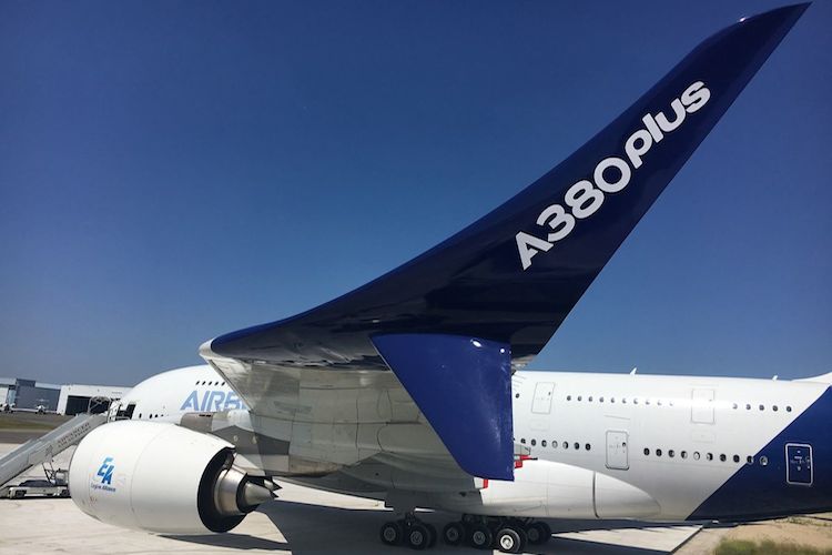 A mockup of the new Airbus A380 winglets on board a test aircraft at the 2017 Paris Airshow. (Airbus)