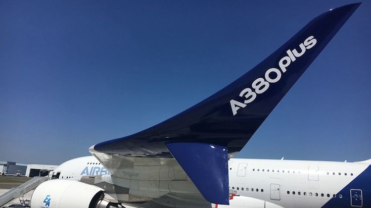 A mockup of the new Airbus A380 winglets on board at test aircraft at the 2017 Paris Airshow. (Airbus)
