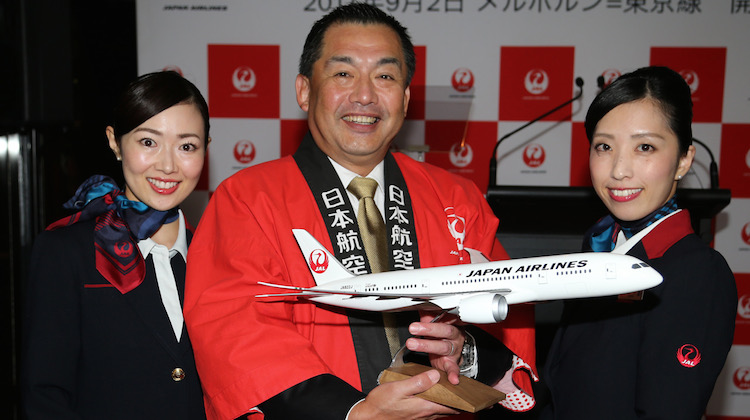 Japan Airlines chairman Masaru Onishi at Melbourne Airport after the inaugural service. (Victor Pody)