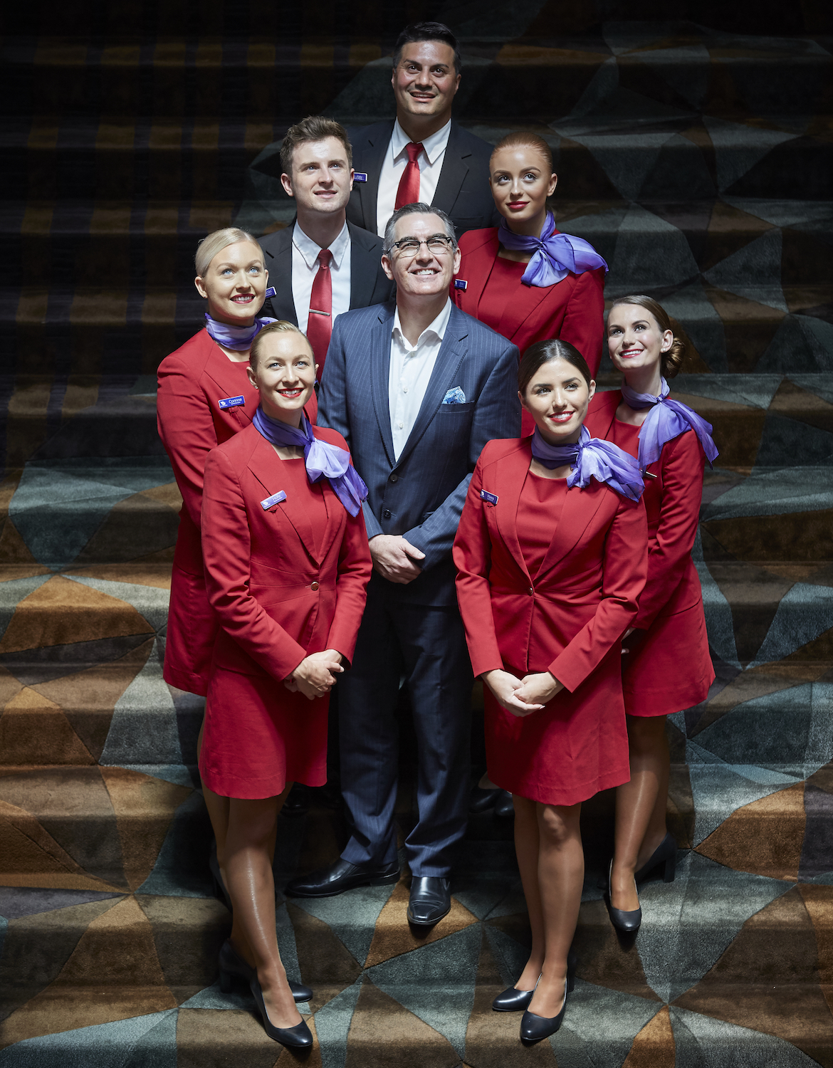Incoming Virgin Australia chief executive Paul Scurrah with the airline's cabin crew. (Virgin Australia)