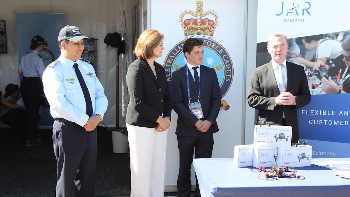 JAR Aerospace Jack Cullen with Defence Minister Christopher Pyne and federal member of parliament Sarah Henderson.