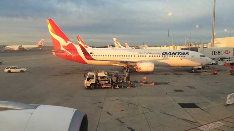 A busy morning for the Qantas domestic terminal at Perth Airport. (Chris Frame)