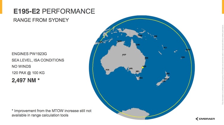 Destinations within range of Sydney with the E195-E2. (Embraer)
