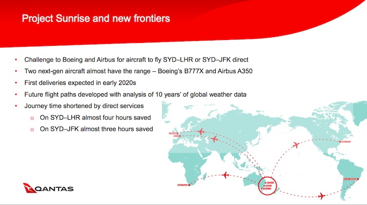 A 2017 slide showing potential routes for Qantas's Project Sunrise. (Qantas)