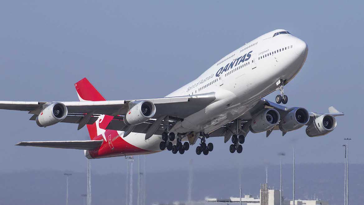 Qantas Boeing 747-400 VH-OJS takes off from Perth with a fifth engine. (Keith Anderson)