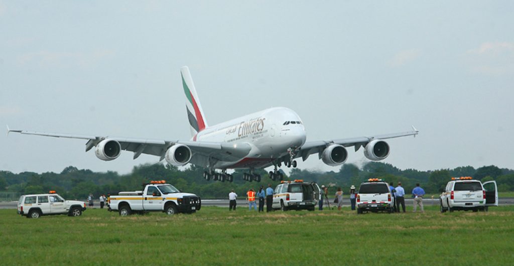Touchdown – Emirates' inaugural A380 service EK3801 lands at New York 15 minutes ahead of schedule at 1630 local time. (Emirates)