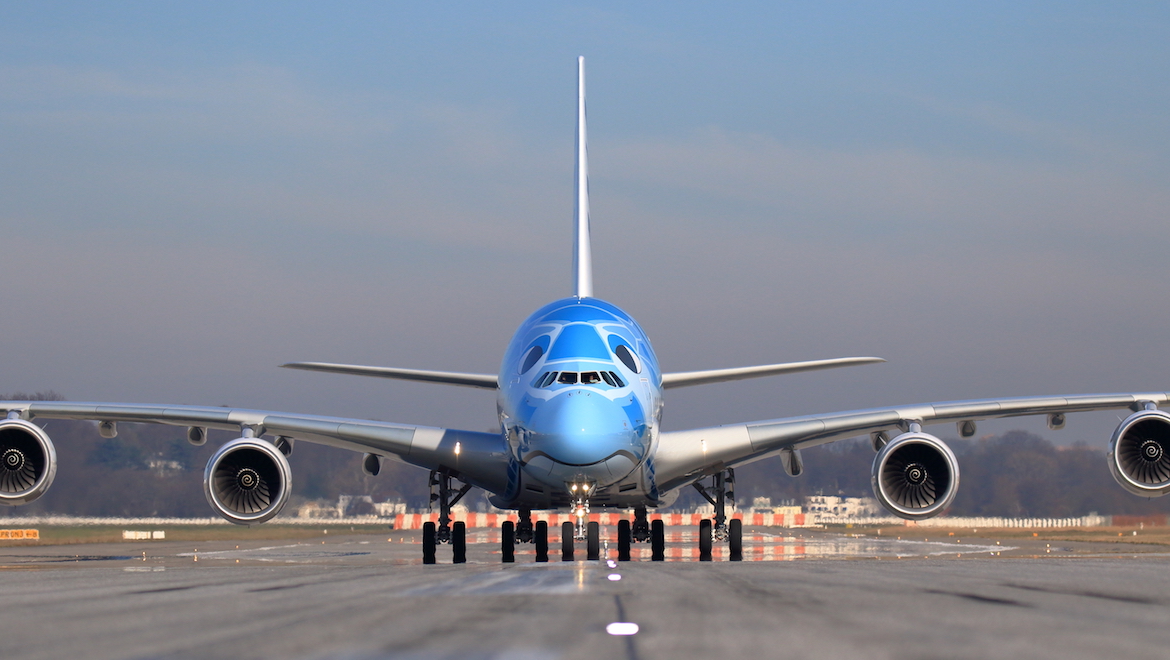 A front-on look at All Nippon Airways' first Airbus A380 taxiing. (Airbus)