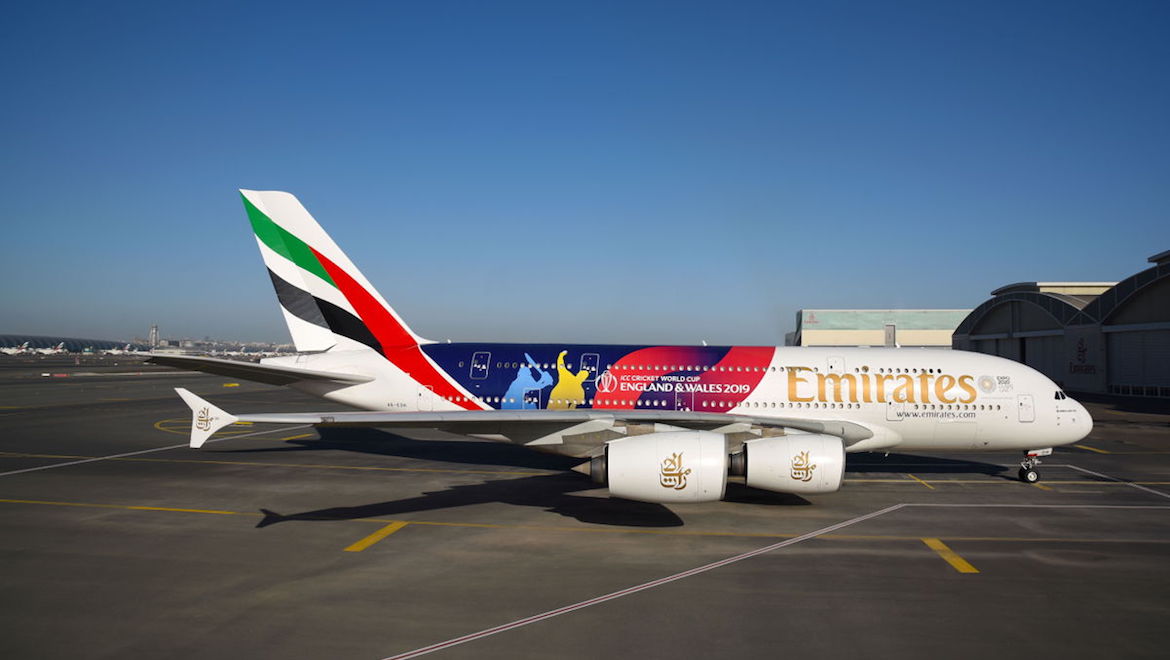 Emirates has one of its Airbus A380s featuring the 2019 cricket World Cup livery. (Emirates)