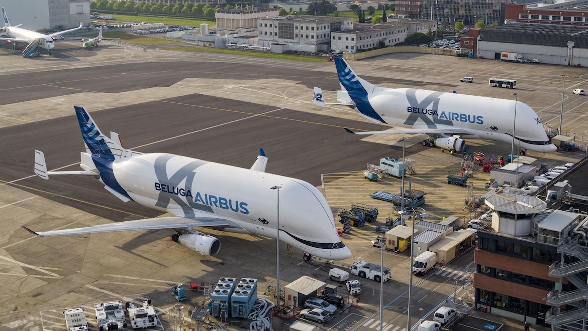 Airbus's first two BelugaXL airlifters. (Airbus)