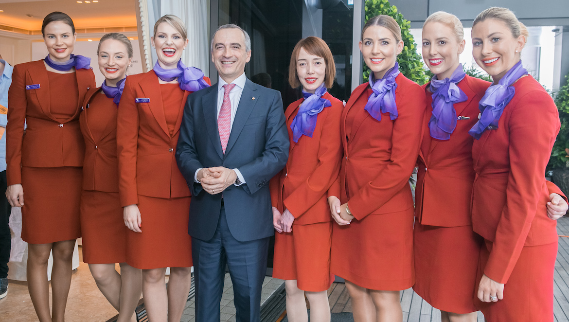 Virgin Australia chief executive John Borghetti with cabin crew in Hong Kong. (Virgin Australia)
