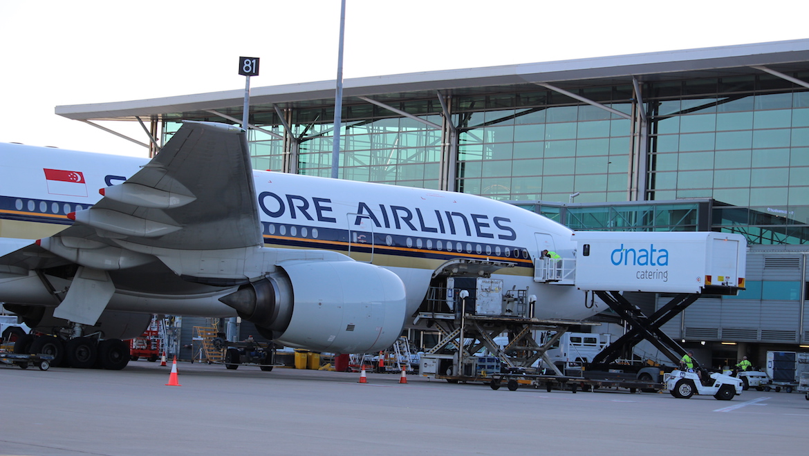 A Singapore Airlines Boeing 777-200 at the Brisbane Airport international terminal. (Brisbane Airport)