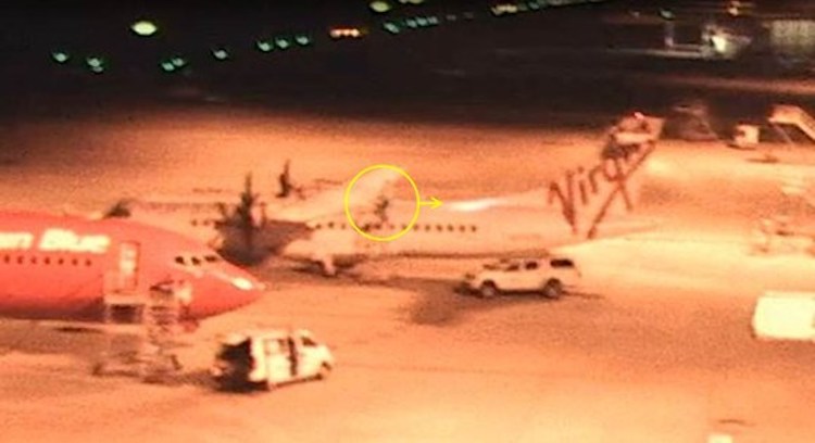 The visual inspection of the aircraft with one LAME on the stand at the rear of the left wing. The circle and arrow indicate the location of the LAME and the direction of torchlight. (ATSB)