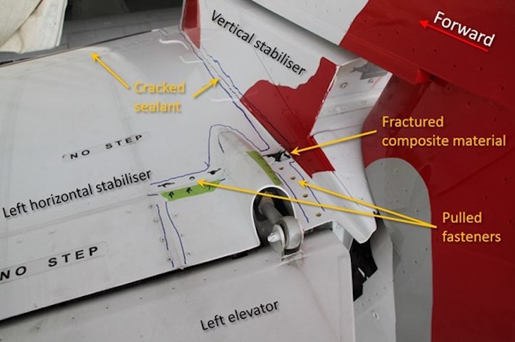Damage visible on the upper left side of the horizontal stabiliser included cracked sealant, fractured and exposed composite material, and fasteners pulled through the composite material. (ATSB)