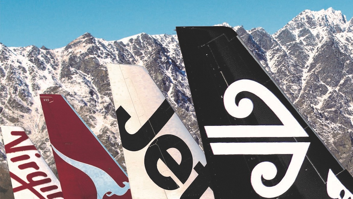 Aircraft tails at Queenstown Airport with the mountains in the background.