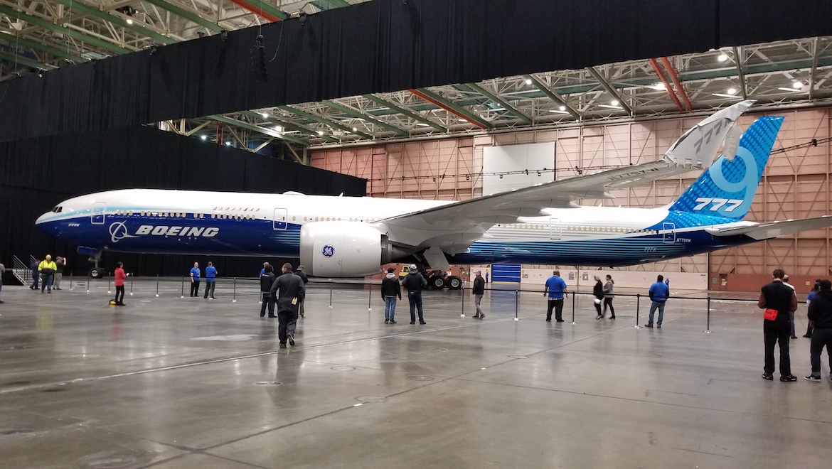 A file image of the first 777-9X being rolled out at a staff-only event in March 2019. (Wikimedia Commons/Dan Nevill)