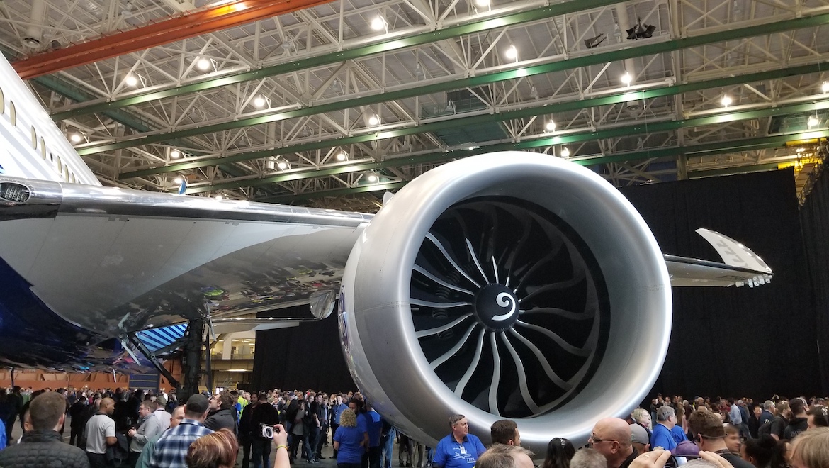 A file image of the GE Aviation GE9X engine at the staff-only roll-out event for the first 777-9X in March 2019. (Wikimedia Commons/Dan Nevill)