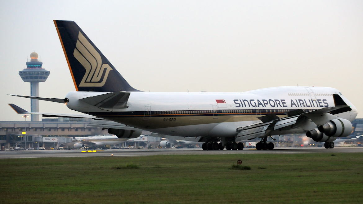 Singapore Airlines Boeing 747-400 9V-SPQ lands at Changi Airport. (Andrew Hunt)