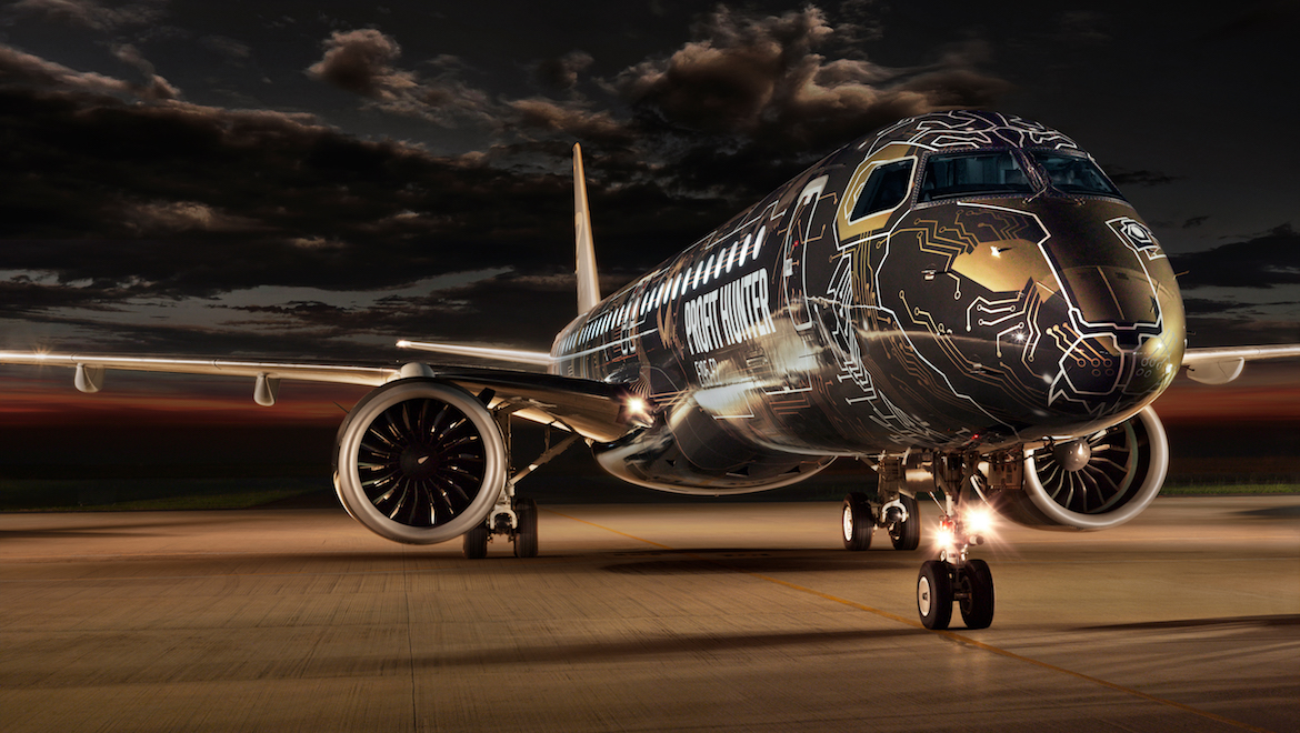 A supplied image of an Embraer E195-E2 painted in "TechLion" livery. (Embraer)