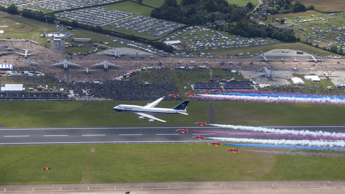 The Royal Air Force Aerobatic team, the Red Arrows, and a British Airways Boeing 747 delighted the crowds with a flypast at the 2019 Royal International Air Tattoo at RAF Fairford. (British Airways)