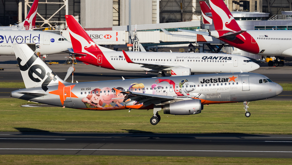 A file image of Jetstar Airbus A320 VH-VQG from 2015, when the aircraft was painted in Peanuts livery. (Seth Jaworski)