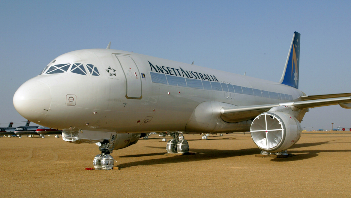 A June 2002 image of a taped up Ansett Airbus A320 in storage in the California desert waiting a new operator. (Australian Aviation archive)