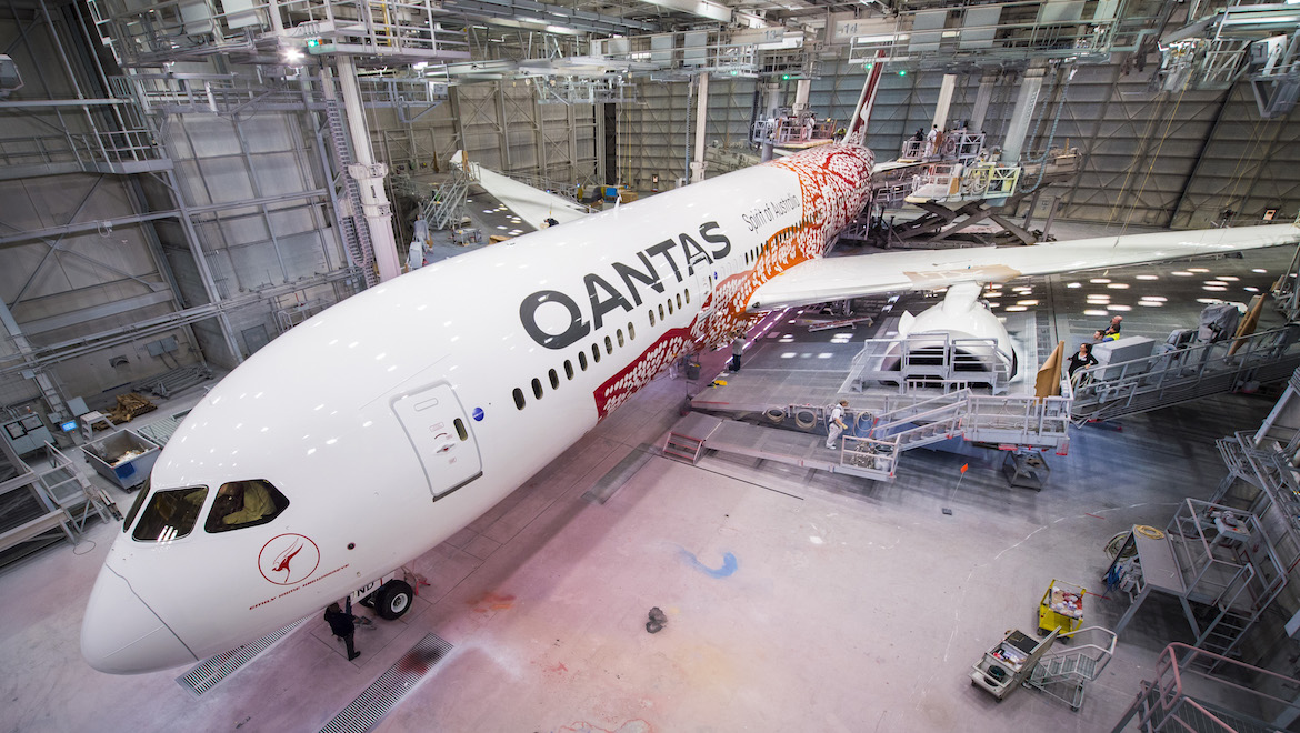 Qantas Boeing 787-9 VH-ZND Emily Kame Kngwarreye in the paintshop. (Qantas)
