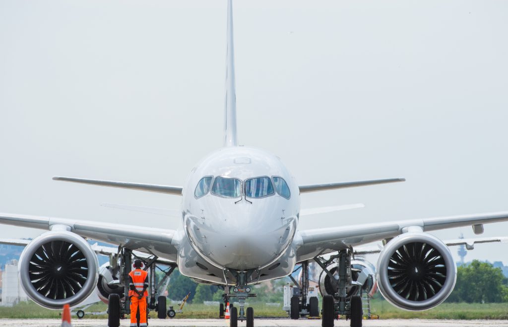 Face to face with the C-series now Airbus A220-300, as it prepares for an engine run-up. (Bombardier)