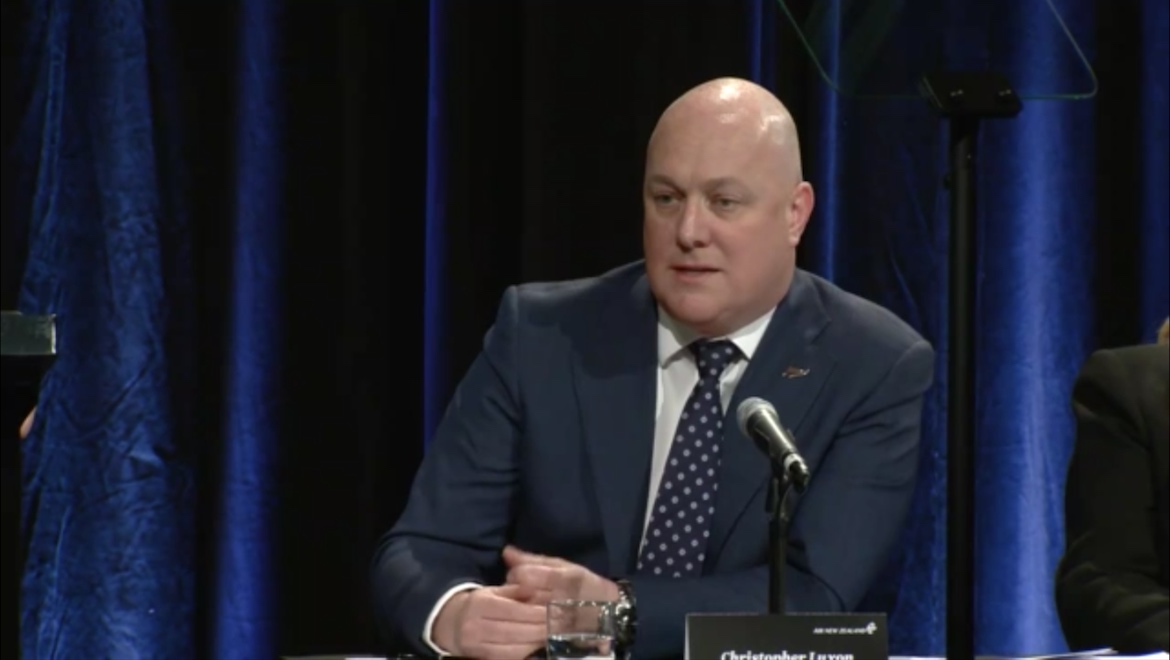 A screenshot of Air New Zealand chief executive Christopher Luxon speaking at the company's annual general meeting. (Air New Zealand webcast)