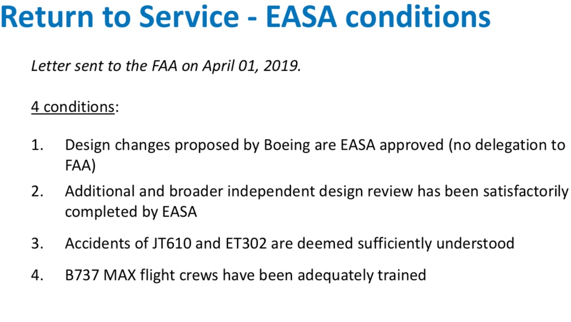 EASA has listed four conditions for the Boeing 737 MAX's return to service. (EASA/European Parliament website)