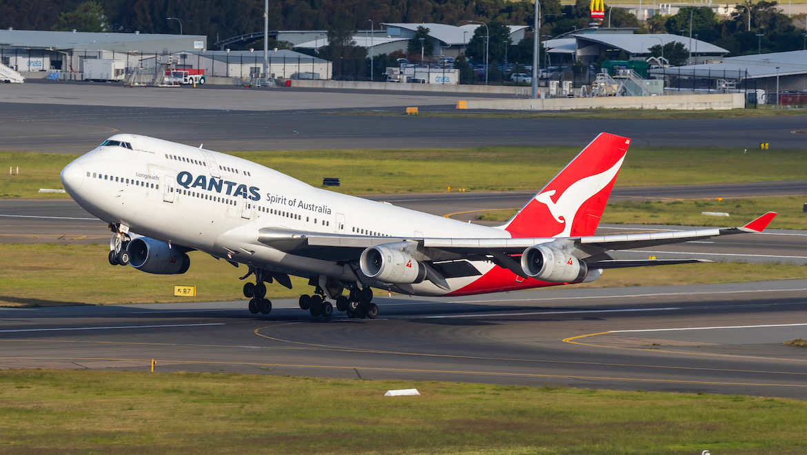 Qantas Boeing 747-400 VH-OJU takes off from Sydney Airport's Runway 34L as the QF99 bound for Los Angeles. (Seth Jaworski)