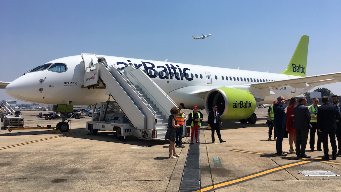 airBaltic Airbus A220-300 YL-AAS at Sydney Airport as part of its Asia Pacific demonstration tour. (Jordan Chong)