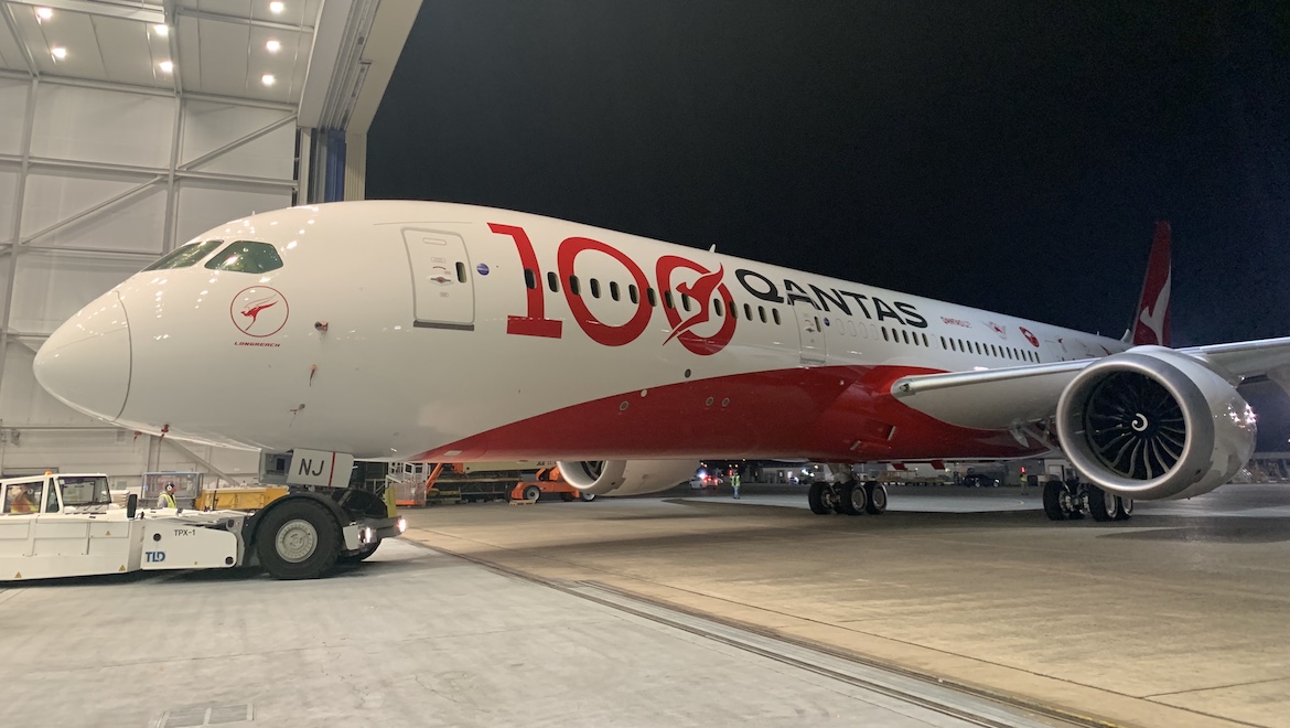 A supplied image of Qantas Boeing 787-9 VH-ZNJ in special centenary livery. (Qantas)