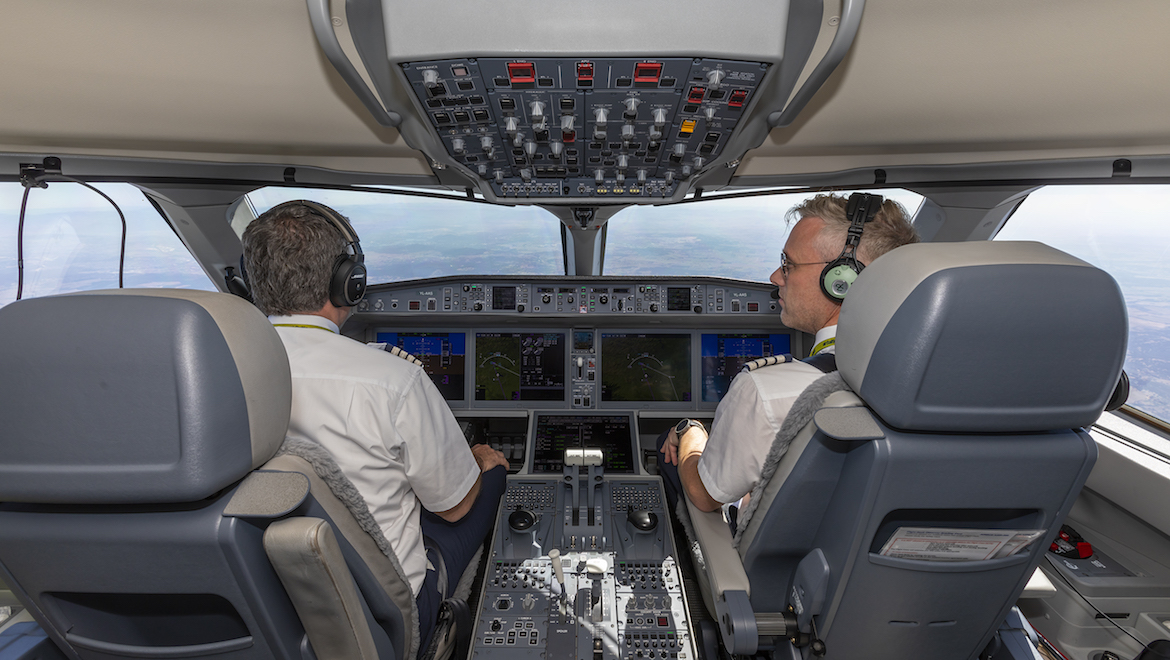 A look at the flight deck of airBaltic A220-300. (Seth Jaworski)