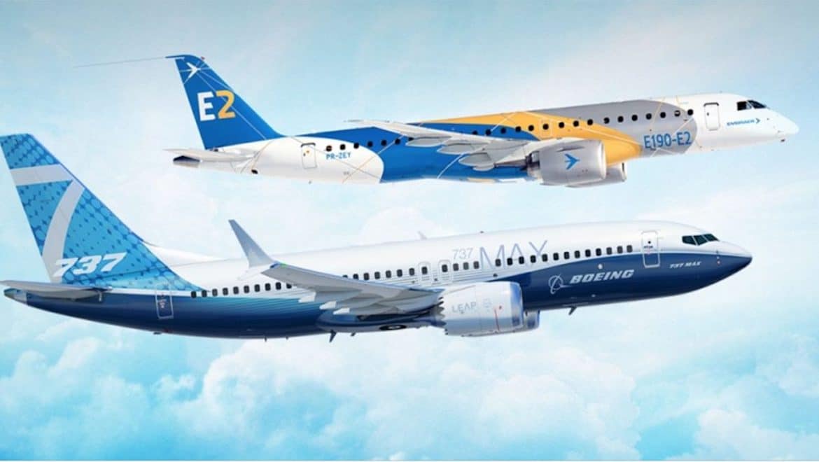 A an artist's impression of an Embraer E-jet and Boeing 737 flying in formation. (Boeing/Embraer)