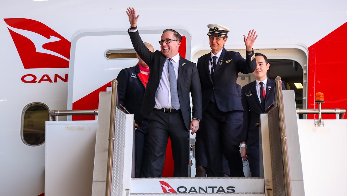 Qantas group chief executive Alan Joyce arrives in Sydney after flying nonstop from London. (Qantas)