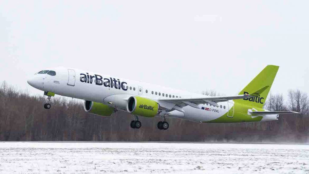 A supplied image of an Airbus A220 in airBaltic livery. (Airbus)
